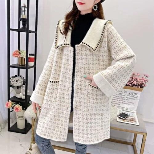 2021 Women Autumn Winter New Long Imitation Mink Velvet Coats Female Knitted Cardigan Outwear Ladies Loose Sweater Jackets R514