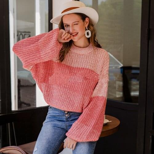 2020 Autumn Winter Pullover Sweater Casual Women Splicing Streetwear O-neck Knitted Women Outerwear