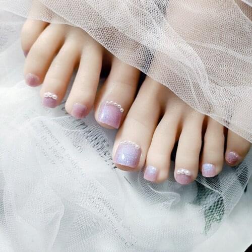 24pcs Fake Toe Nails Patch Summer Galaxy Blue Spar Pearl Decoration Fashion Nail Art Finished Artificial Nails With Glue DL