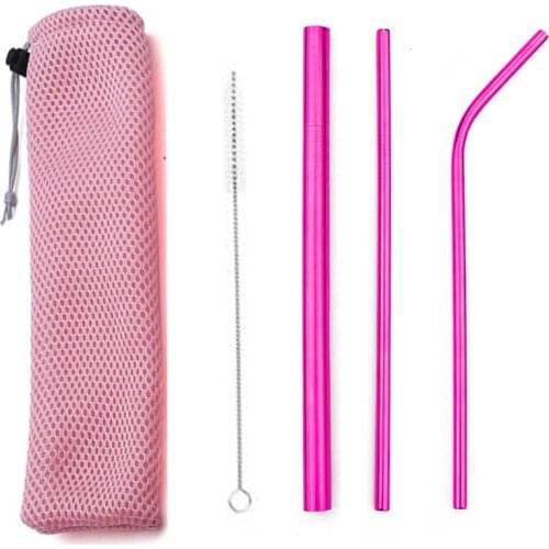 5pcs Portable Reusable Straws 304 Stainless Steel Straw Metal Smoothies Wholesale Drinking Tubule Pink Green with Brush Mesh Bag