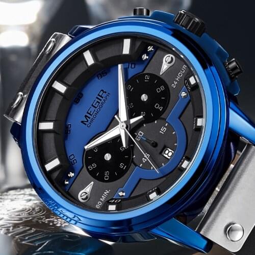 MEGIR Men Chronograph Quartz Wrist Watch 24 Hours Waterproof Casual Leather Wristwatch Man Clock Sport Watches Relogio Masculino