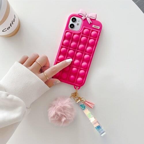 Reliver Stress Pink 3D bowknot With Strap Case For iphone 12 11 pro max mini SE 6 7 8 Plus XS MAX XR X Bubble Sensory cute cover