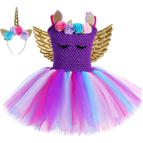 Girls Unicorn Tutu Dress Set Purple Flowers Birthday Party Tulle Princess Dress Kids Halloween Cosplay Costume Children Clothing