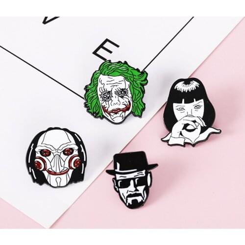 HOSENG 4Pcs/Lot Punk Movie White and Black Cartoon Clown Brooch Funny Women Man Coat Party Jewelry Luxury Enamel Pin HS_232