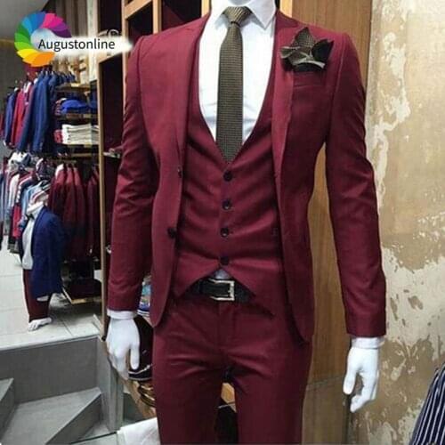 Italy Burgundy Man Blazer Masculino Slim Fit Mens Wedding Suits Peaked Lapel Groom Tuxedo Men Suit 2018 3Piece Jacket Pant Vest