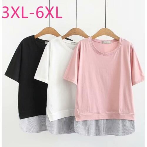 New summer Korea plus size tops for women large loose casual short sleeve cotton stripe O neck T-shirt white pink 4XL 5XL 6XL