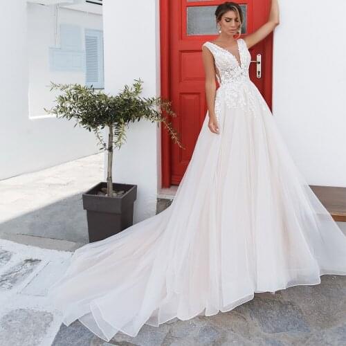 V-Neck Beads Lace Appliques Boho A-Line Backless Wedding Dress 2020 Bridal Gowns Vestido De Noiva