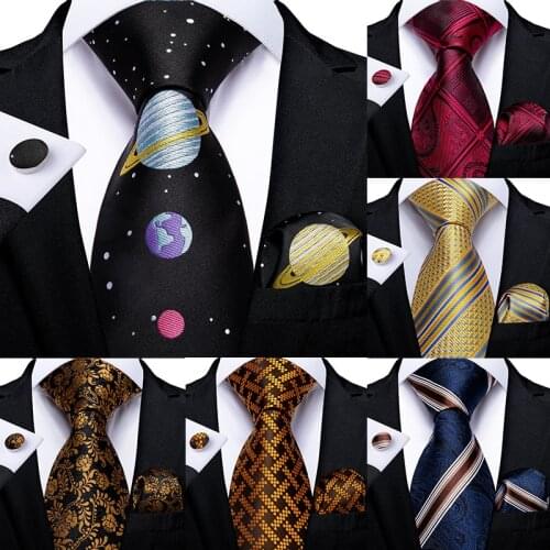 Mens Tie Planet Novelty Design Silk Wedding Tie For Men Party Business Fashion Necktie Hanky Gravata Set DiBanGu Dropshipping