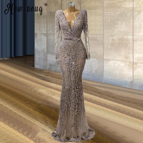 Sexy V Neck Tassel Beading Long Sleeve Evening Dresses Haute Couture Mermaid Floor Length Prom Dress Kaftans Gowns