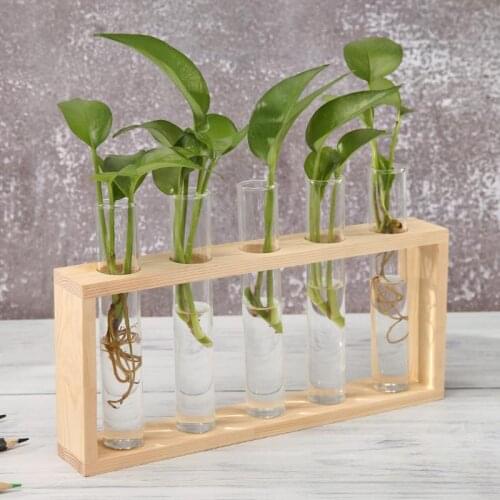 Transparent Glass Vase Wood Frame Iron Art Terrarium Bonsai Table Ornaments
