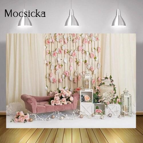 Floral White Wedding Photography Bridal Shower Backdrop Spring Rose Kids Birthday Portrait Background Sofa Curtain Photo Studio