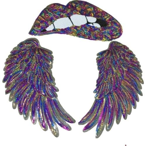 Iron on Colorful Angel Wings with Lips Sequined Patches for Clothes t-shirt jacket DIY