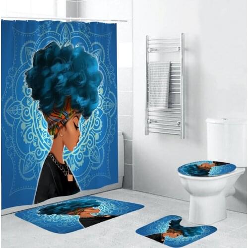 African Woman Pattern Shower Curtain Pedestal Rug Lid Toilet Cover Mat Bath Mat Set Bathroom Curtains with Hooks
