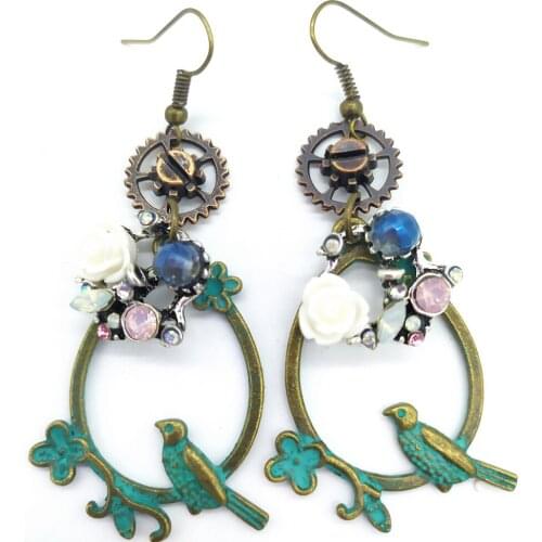 Beautiful Flowers and Smart Bird Green Ox Vintage Drop Earrings