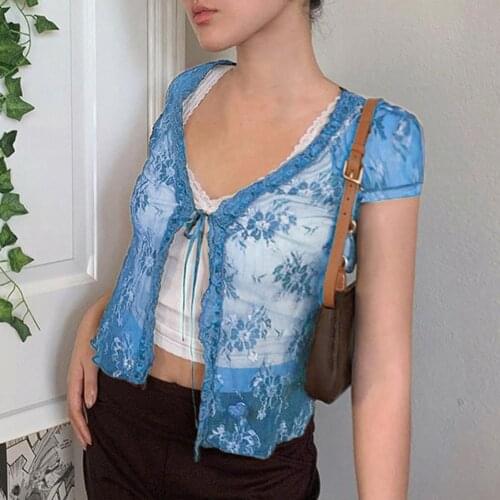 Y2K Women Summer Lace Mesh Lace Cardigan Sexy Fashion Short-sleeved T-shirt Top Lace See-through Tops Tender Tie Up Lace Floral