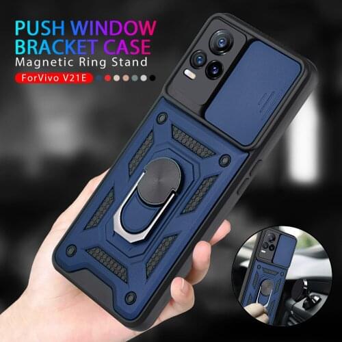 Push Camera Protect Armor Case For Vivo V21 V21E Vivov21 E Vivov21E 4G 5G Car Magnetic Ring Stand Shockproof Cover Coque Fundas