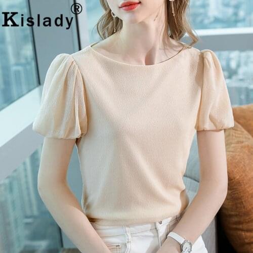 2021 New Summer Temperament Sexy Tops Slash Neck Shirts Elegant OL Puff Sleeve Hollow Out Harajuku Shirts Korean Lace Solid Tees