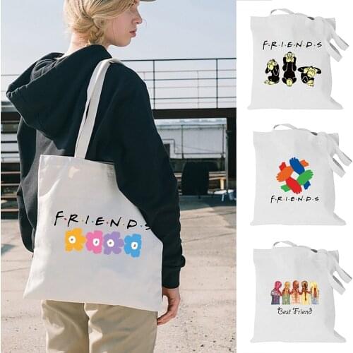 Funny Friends Pattern Women Shoulder Bag Shopping Bags Cotton Cloth Fabric Grocery Reusable Handbags Tote Book Bag for Girls