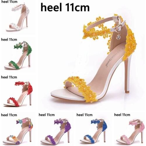 Crystal Queen New Arrival Women Sandals Summer Shoes High Heels Lace Peep Toes Buckle Strap Woman Party Shoes White Sandalia