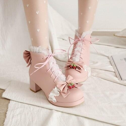 US4-12 Womens Sweet Lolita Ankle Boots Lace Bowknot Strawberry Block Heel Shoes Plus Size Cosplay 3Colors New 2021