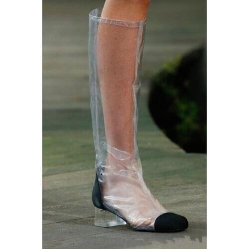 2018 New Women Fashion PVC Transparent Black White Square Toe Knee High Med Heels Comfortable Cheap Long Boots Lady Big Size 43