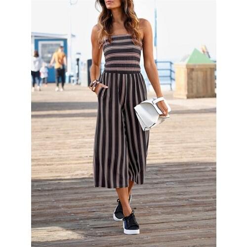 Summer Striped Strapless Streetwear Jumpsuits Woman Sexy Backless Bandage Playsuit Casual Beach Style Pocket Women Jumpsuit