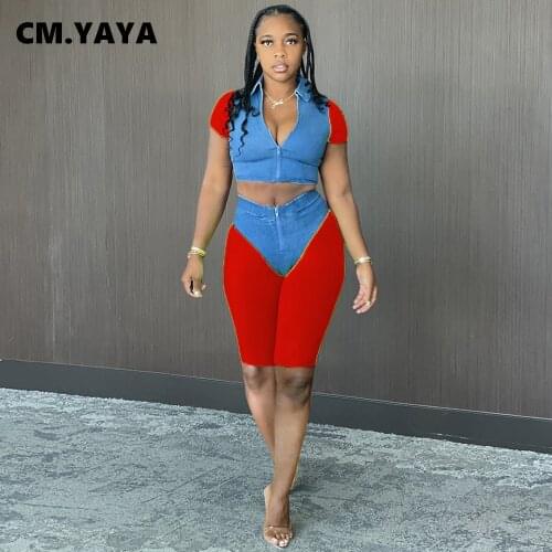 CM.YAYA Fake Jean Patchwork Womens Set Short Sleeve Track Jacket Knee Length Pants Matching Two Piece Outfits Fashion Tracksuit
