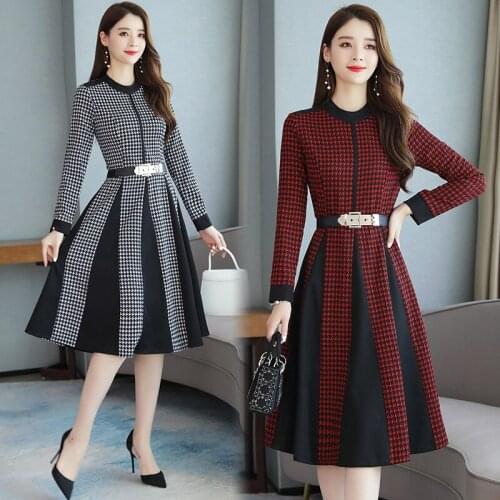 2020 Autumn Retro Dress Women Round Neck Long Sleeve Contrast Color New French Temperament Was Thin Lattice Dresses Female Z874