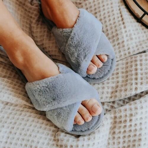 Winter Women House Slippers Faux Fur Fashion Warm Shoes Woman Slip on Flats Female Slides Black Pink cozy home furry slippers