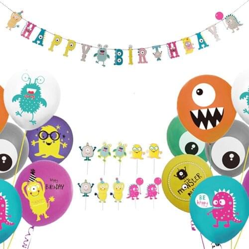 27pcs Little Monster Birthday Party Decoration Baby Shower Boys Happy Birthday Party Banner Garland Cupcake Toppers Kit Balloons