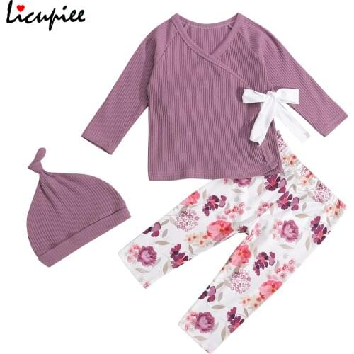 0-18 Months Baby 3pcs Fall Clothes, Long Sleeve Wrap Front Rib Knit Tops + Floral Pants + Hat Set