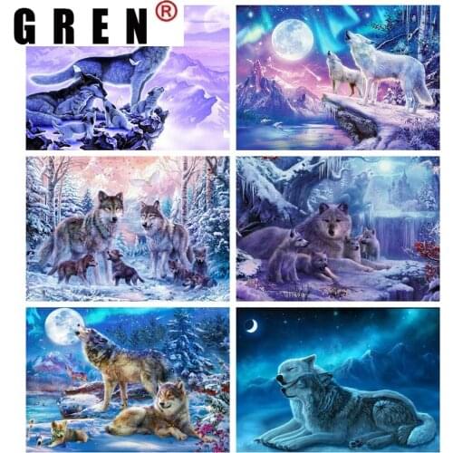GREN Diamond Painting Art Decor Animal Cross Stitch Diamond Embroidery Wolf Full Drill Display Diamond Mosaic Kit Winter Scenery