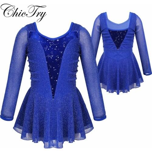 Girls Ballroom Figure Ice Skating Dress Sequins Tulle Long Sleeves Children Gymnastics Leotard Ballet Dance Costumes Clothes