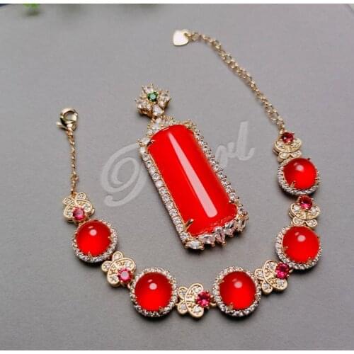 Natural Carnelian Bracelet Ring And Pendant Necklace Red Jade Jewelry Set Women Gifts Fashion Charms Jewellery Accessories