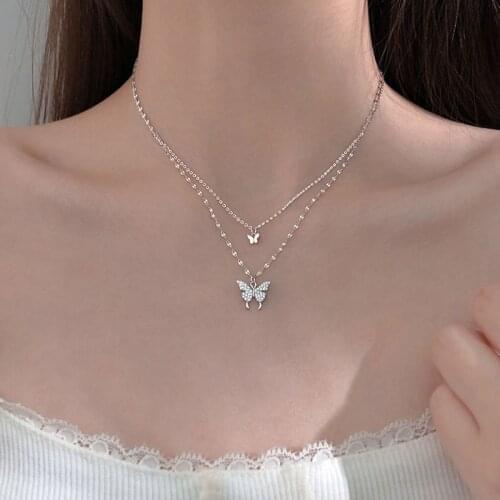 New Silver Color Chain Butterfly Necklace For Women Heart Geometric Pendant Choker Jewelry Girlfriend Lover Wedding Accessory