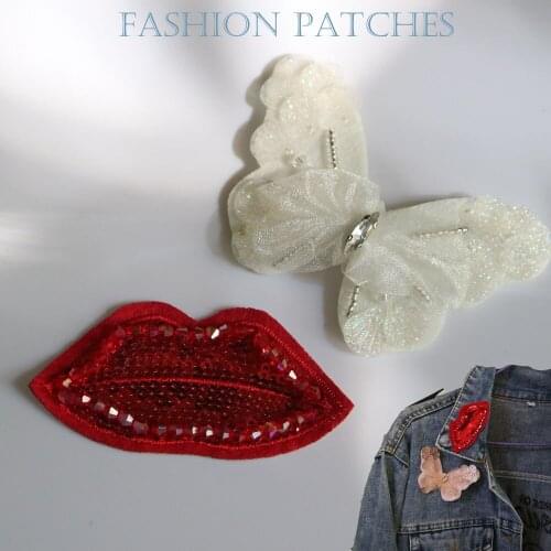 DIY Handmade Rhinestone beaded Patch for clothing Embroidery Sequins lip butterfly patches for bags decorative parches applique
