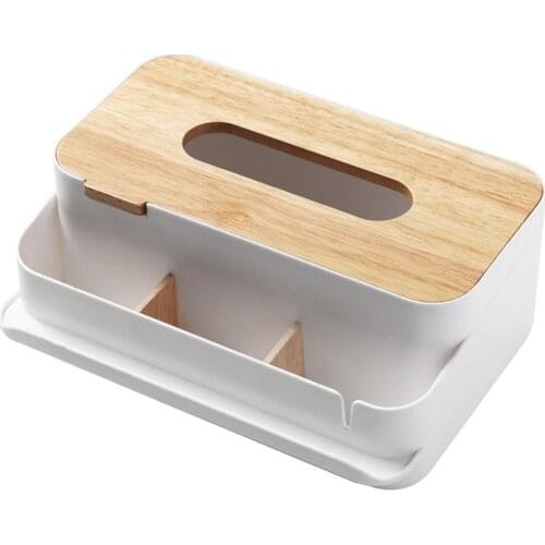 Home Kitchen Plastic Tissue Box Holder With Wooden Cover Multi-function Desktop Storage Box Napkin Towel Holder Case For Office