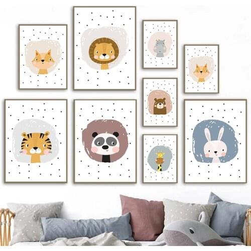 Nursery Poster Print Giraffe Lion Tiger Fox Panda Rabbit Bear Safari Wall Art Bedroom Canvas Painting Pictures Kids Room Decor