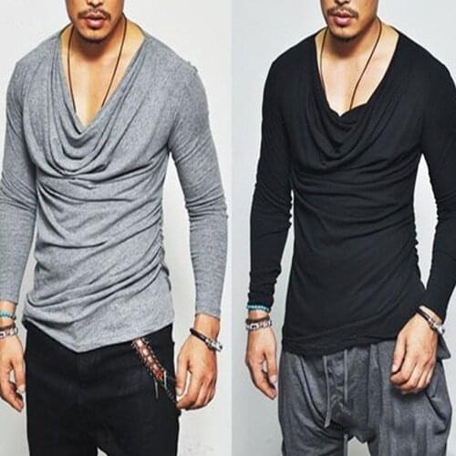 Sale Autumn Ruffle Men T-Shirt T Shirt Man T-Shirt Tops Long Sleeve Solid Color Gray White Black Male Tshirt Tee Shirt Q30