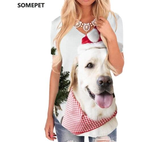 SOMEPET Christmas T Shirt Women Christmas Tree Shirt Print Dog Funny T shirts Animal V-neck Tshirt Womens Clothing Hip hop Cool