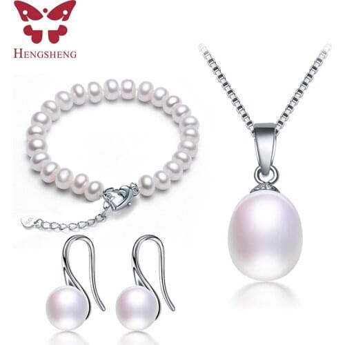 Hot Sale 925 Sterling Silver Women Jewelry Set,Pendants&Earrings&Bracelet,Natural Freshwater Pearl,Bread Round Shape 2019