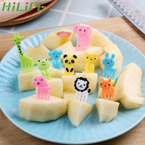 HILIFE 10pcs/pack Mini Cartoon Cute Animal Farm Fruit Fork Snack Cake Dessert Food Fork Bento Lunches Toothpick for Children