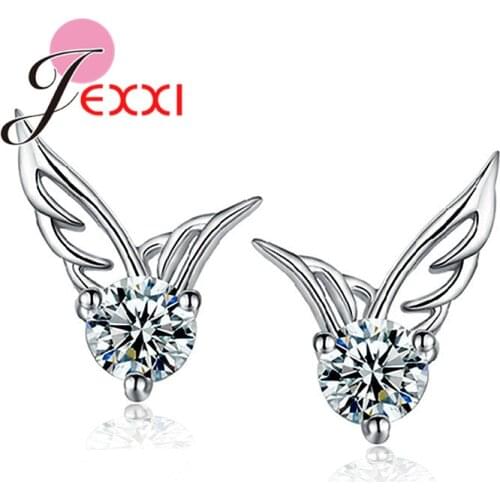 Top Selling Angel Wings Stud Earrings Real 925 Sterling Silver with Clear Cubic Zirconia Stone Jewelry For Woman Girls