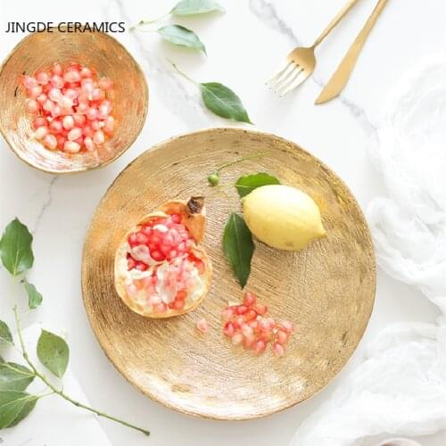 European Style Golden Ceramic Ramen Bowl Dinner Plates Cake Dishes Western Food Plates Serving Tray Kitchen Tableware Dinnerware