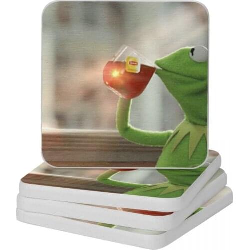 Kermit The Frog Drinking Lipton Tea MEME Diatom Square Round Shape Coaster Heat Insulation Cup Bonsai Mat Soap Pad 10x10cm