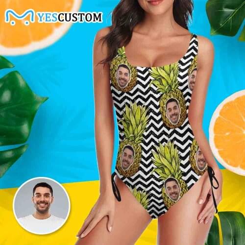 Custom Face Photo Pineapple Bathing Suit Women Bikini Bra Beach One Piece Personalized Drawstring Side Female Gift Swimwear
