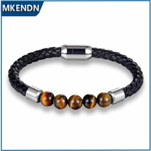 MKENDN High Quality Tiger Eye Stone Beads Braided Leather Bracelet with Stainless Steel Magnetic Buckle Men Jewelry Pulseras