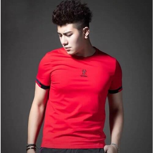 Male T-shirt 2021 Summer New Hot Selling Mercerized Cotton Trend Embroidery Slim Casual Top High-Quality Red Mens Clothing 5XL