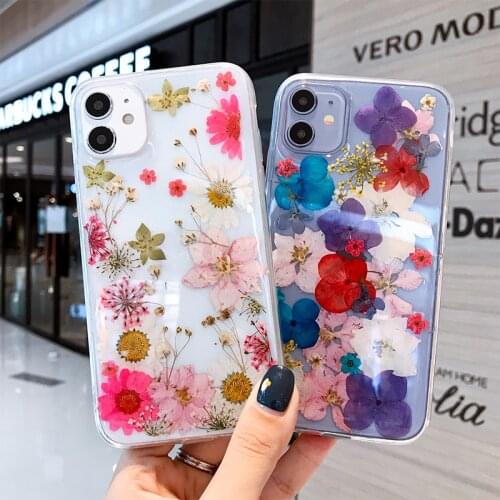 Real Dry Flower Phone Case For iPhone 12 Mini XS Max XR X 7 8 Plus Soft Silicon Cover For iPhone 11 Pro Max 7Plus 8Plus SE Shell