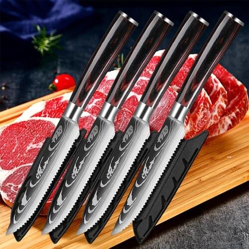 Steak Knives Damascus Laser Pattern 7CR17 Stainless Steel Fruit Knife Kitchen Table Knives Set Dinnerware Set Restaurant Cutlery